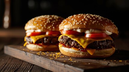 Two juicy hamburgers with melted cheese and fresh tomatoes are beautifully arranged on a wooden board, perfect for an evening feast