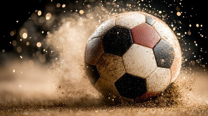 Fototapeta premium A dynamic close-up of a soccer ball kicking up dust, capturing the energy and excitement of the game in motion.