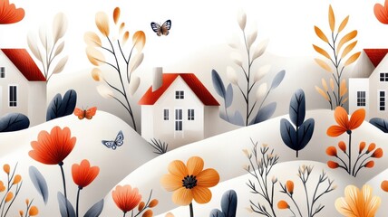 Summery pattern with houses, blooming flowers, and butterflies around trees.