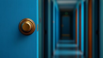 A blue door with a golden doorknob