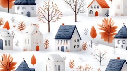 Playful pattern with anthropomorphic houses and waving trees.
