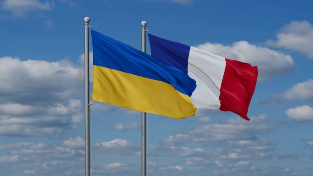 France and Ukraine flags waving together, video concept of the relationship, two country relations concept