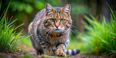 Fototapeta premium Wildcat ready to pounce in the wilderness, wildcat, pounce, predator, nature, wildlife, feline, alert, hunting, stalking