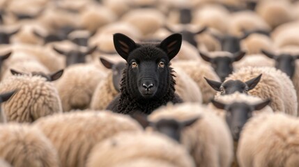 A striking black sheep stands out among a flock of white sheep, showcasing uniqueness in a pastoral setting.