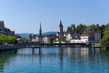 Scenic view of Limmat River at the old town of Swiss City of Zürich on a sunny summer day. Photo taken August 6th, 2024, Zurich, Switzerland.