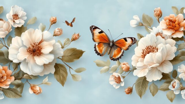 Playful pattern with butterfly flitting amongst wildflowers and leaves.