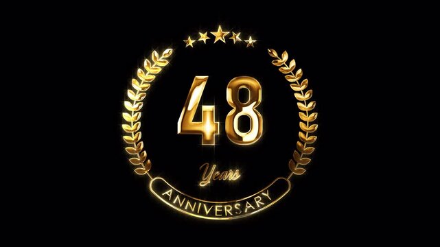 48th Anniversary Celebration. Happy 48 Years Anniversary Animation in Gold Color on the Transparent Background, Alpha Channel. Great for greetings, celebrations, events, and gifts.