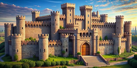 Medieval fortress with intricate pixel art stone walls, exuding historical grandeur, fortress, medieval