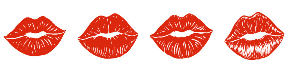 Kiss icons set. Red lipstick kiss print. Kiss mark isolated. Red lips silhouette. Vector illustration