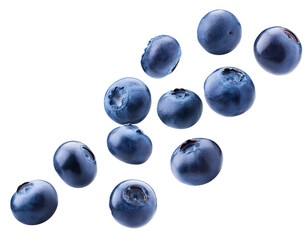 Blaubeeren fallend isoliert auf weißen Hintergrund, Freisteller, Transparent 
