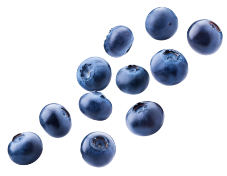 Blaubeeren fallend isoliert auf weißen Hintergrund, Freisteller, Transparent 
