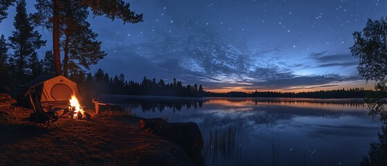 Serene lakeside camping under the stars with a cozy campfire and tranquil water reflections