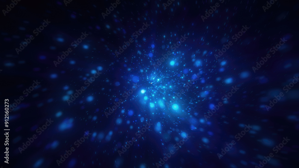 Poster abstract bright blue glowing background with flying dots circles bokeh energy particles and light ra