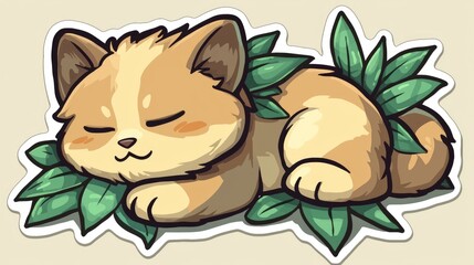 Cute Cartoon Cat Sleeping in Green Leaves