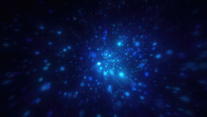 Abstract bright blue glowing background with flying dots circles bokeh energy particles and light rays