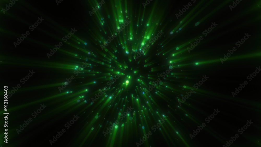 Poster abstract green glowing energy sphere molecule nucleus atom round background with flying blurred dots