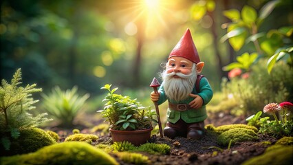 Obraz premium Gnome taking care of a mystical garden, magical, fantasy, fairytale, gardening, gnome, whimsical, enchanted, nature, garden