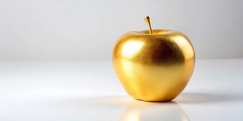 A shiny golden apple on a white background, golden, apple, fruit, shiny, metallic, valuable, luxury, healthy, organic