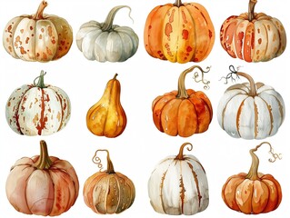 Set of different pumpkins watercolor illustration on white. AI generated