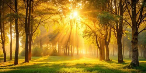 Obraz premium Golden Hour Glow A serene and warm background with soft, golden light filtering through the trees, golden hour