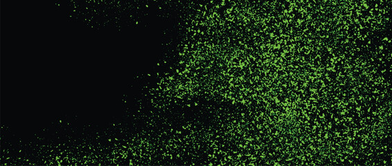 Green bright paint particles on black background. Abstract festive panoramic vector illustration	