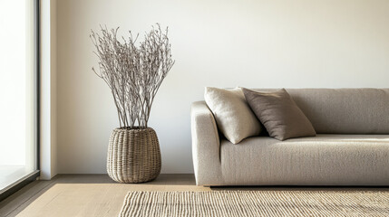 Minimalist living room interiors in a luxury apartment. Luxurious interior design composition in neutral colors with copyspace.