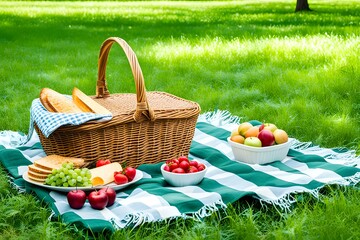 Picnic scene with a blanket laid out, a basket of fruits and snacks, set in a lush green park