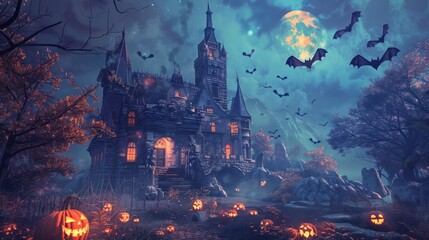 Obraz premium A Halloween scene with a castle and bats flying around