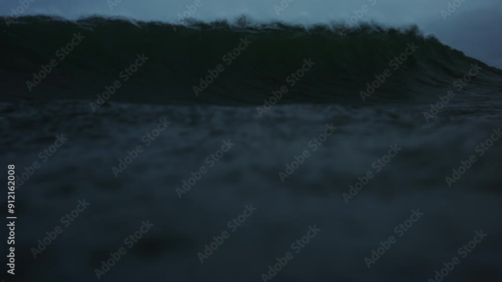 Poster front low view of lip of ocean wave crashing onto surface exploding in whitewash forming barrel tube