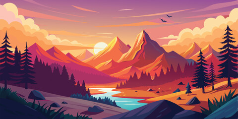 Create a vibrant, colorful landscape featuring a serene mountain scene at sunset. The scene should include tall, evergreen trees, rolling hills, a winding river, and a backdrop of majestic mountains. 