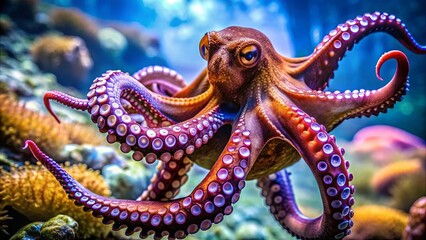 Obraz premium Close-up of a vibrant octopus underwater, marine life, tentacles, colorful, ocean, underwater, sea creature