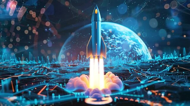 An abstract growth graph chart with a rocket launcher on a blue background of technology. Business concept for startup and success.