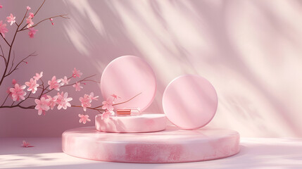 3D rendering background with rose flower and geometric shape podium for product display ,Product presentation,  show cosmetic product, Podium, stage pedestal or platform
