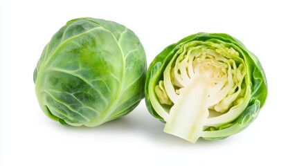 Fresh Brussels sprout halved, showcasing its compact layers and vibrant green leaves. Isolated crisply against a pure white background