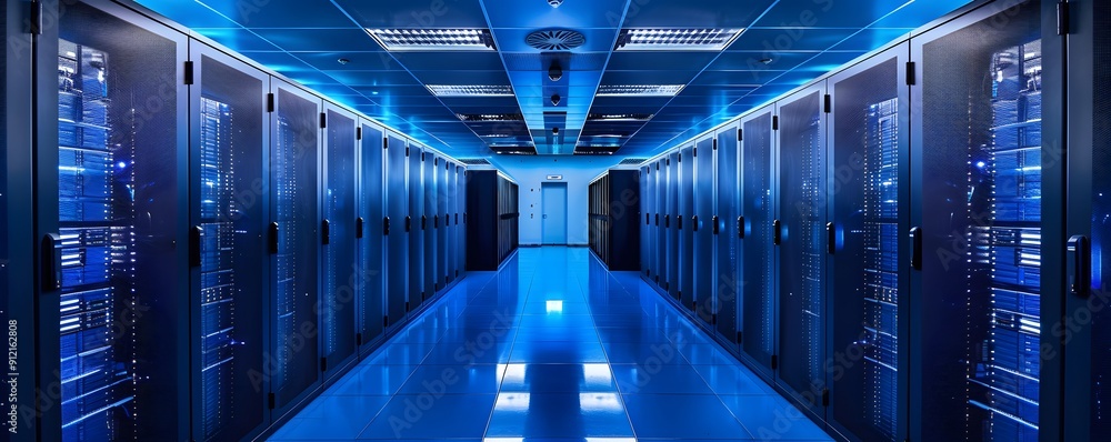 Poster modern data center with blue illumination and server racks, showcasing advanced technology and high 