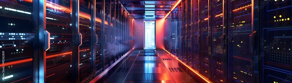 Poster modern data center with advanced servers and vibrant led lighting, showcasing cutting-edge technolog