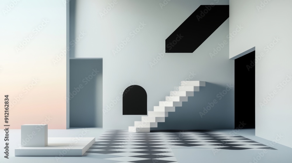 Aufkleber an optical illusion room with impossible geometry and gravity-defying objects.
