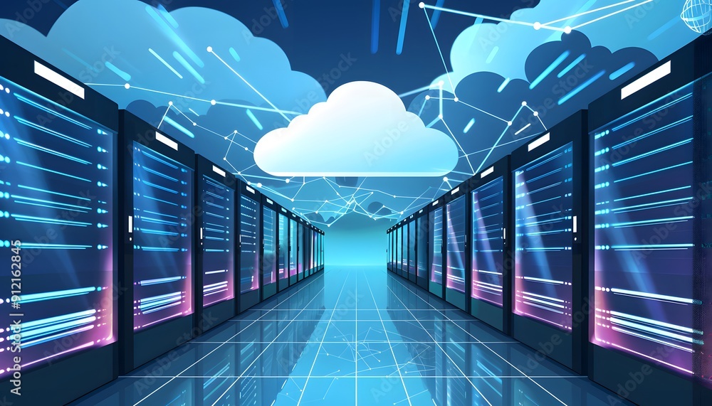 Poster modern data center with cloud computing network, showcasing server racks, digital connections, and t