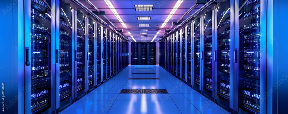 Poster modern data center with illuminated server racks and advanced cooling system, showcasing high-tech e