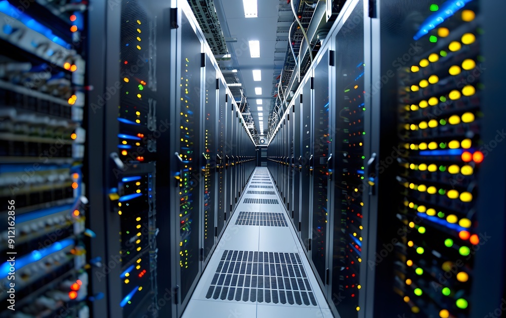 Poster modern data center with rows of server racks and glowing lights, showcasing advanced technology infr