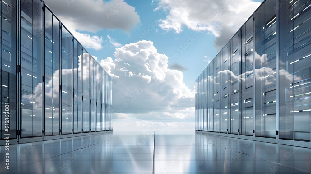 Poster modern data center with rows of servers and a cloudy sky reflecting on glass walls, symbolizing clou