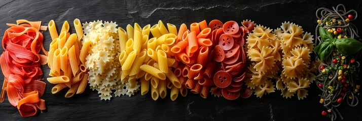 Varicolored Pasta Arranged in a Row on Black Background for Food Menu or Healthy Cooking Concept