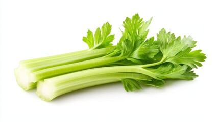 Fresh celery stalk split in half, showcasing the crisp, fibrous texture and vibrant green color. Isolated on a white background