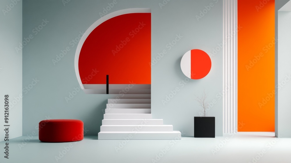 Aufkleber an optical illusion room with impossible geometry and gravity-defying objects.