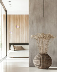 Minimalist living room interiors in a luxury apartment. Luxurious interior design composition in neutral colors with copyspace.