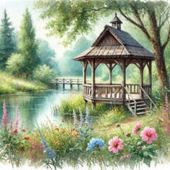 Naklejka premium A wooden gazebo on a lakeside watercolor clipart