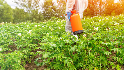 Fototapeta premium Man spraying toxic pesticides or insecticides on plantations. Industrial Agriculture. Pesticide spraying. Non-organic vegetables. Pollution