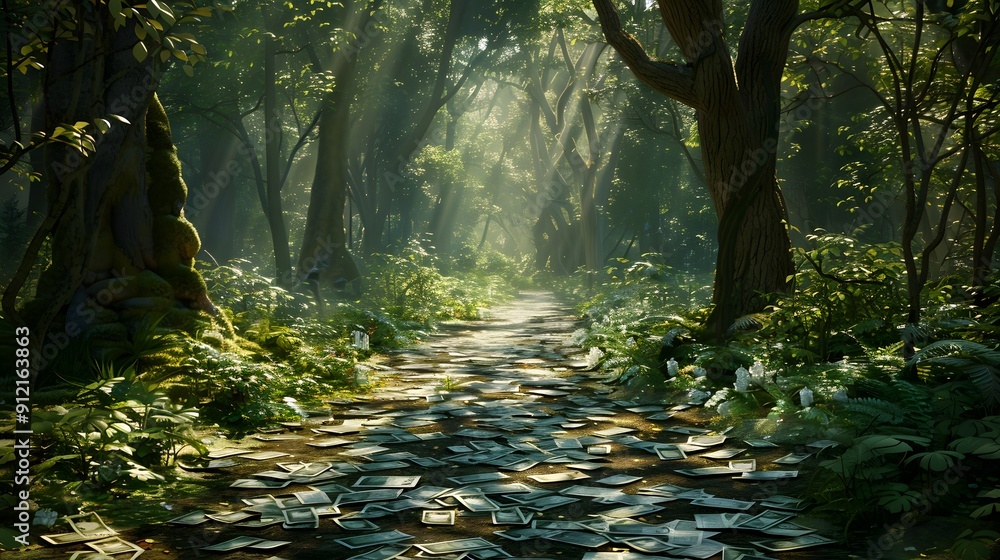 Poster serene forest path covered with leaves, illuminated by sunlight filtering through dense trees, creat