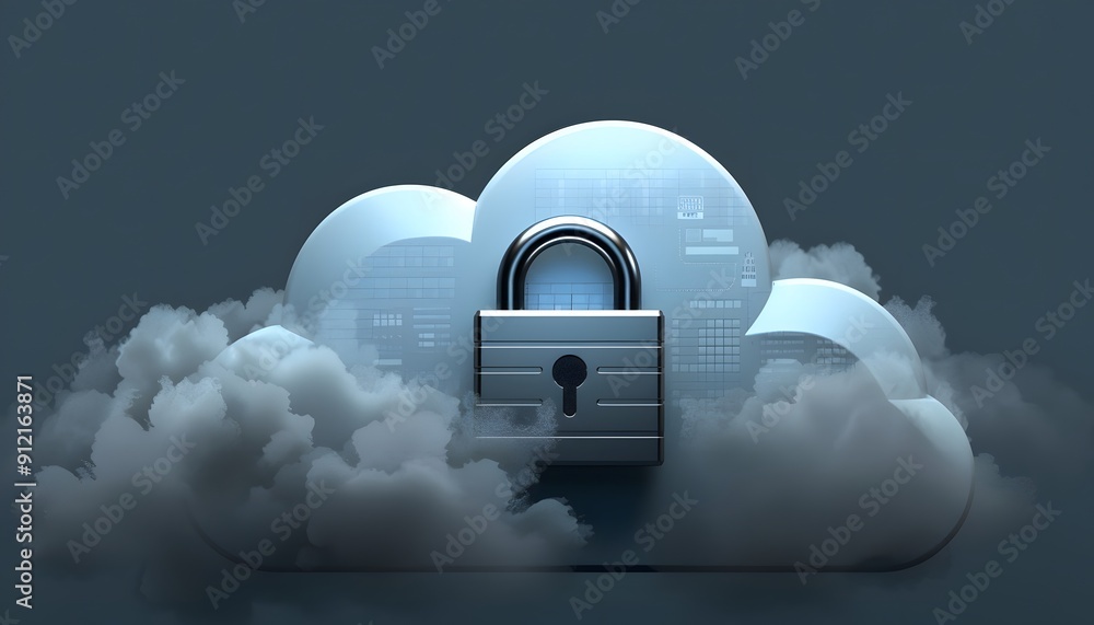 Poster secure cloud storage concept with digital lock and cloud icons, representing data security, privacy,