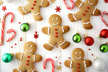 Gingerbread cookies with candy canes and ornaments on a white wooden background